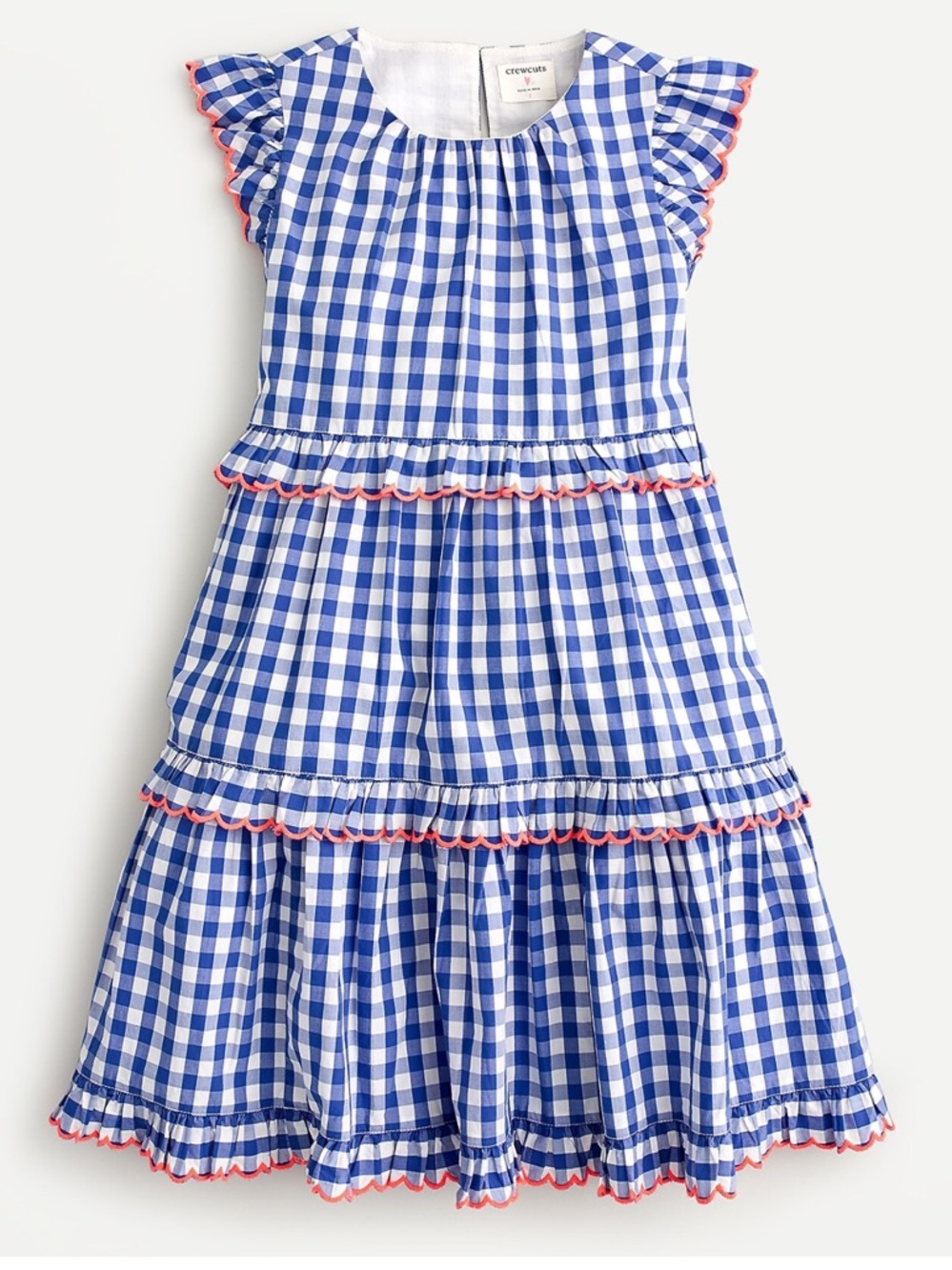 Crewcuts Girls' size 14 tiered neon ruffle-trim dress in blue gingham